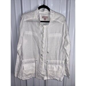 Saint Tropez West White Eyelet Linen Button Cinch Waist Utility Jacket Sz XL